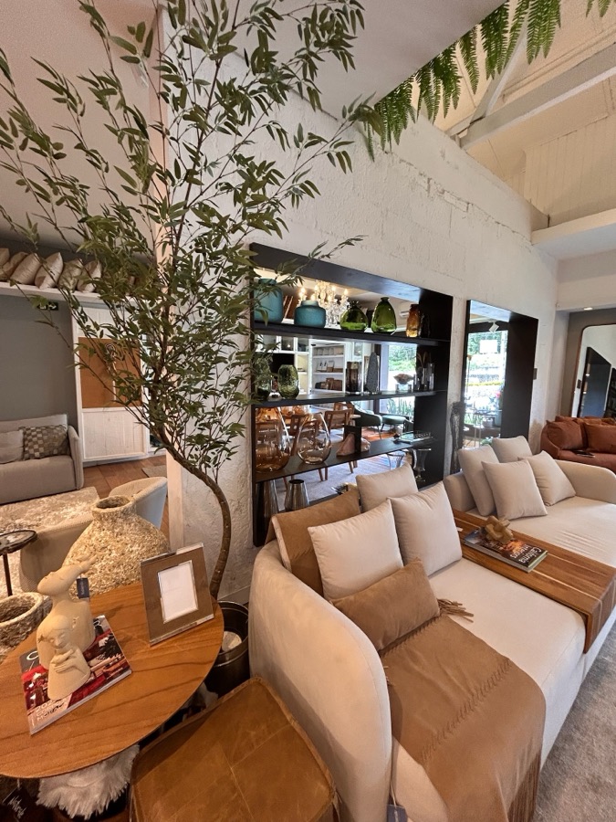 Ambiente com sofá e objetos de decoração no showroom da Naturale Casa & Decor